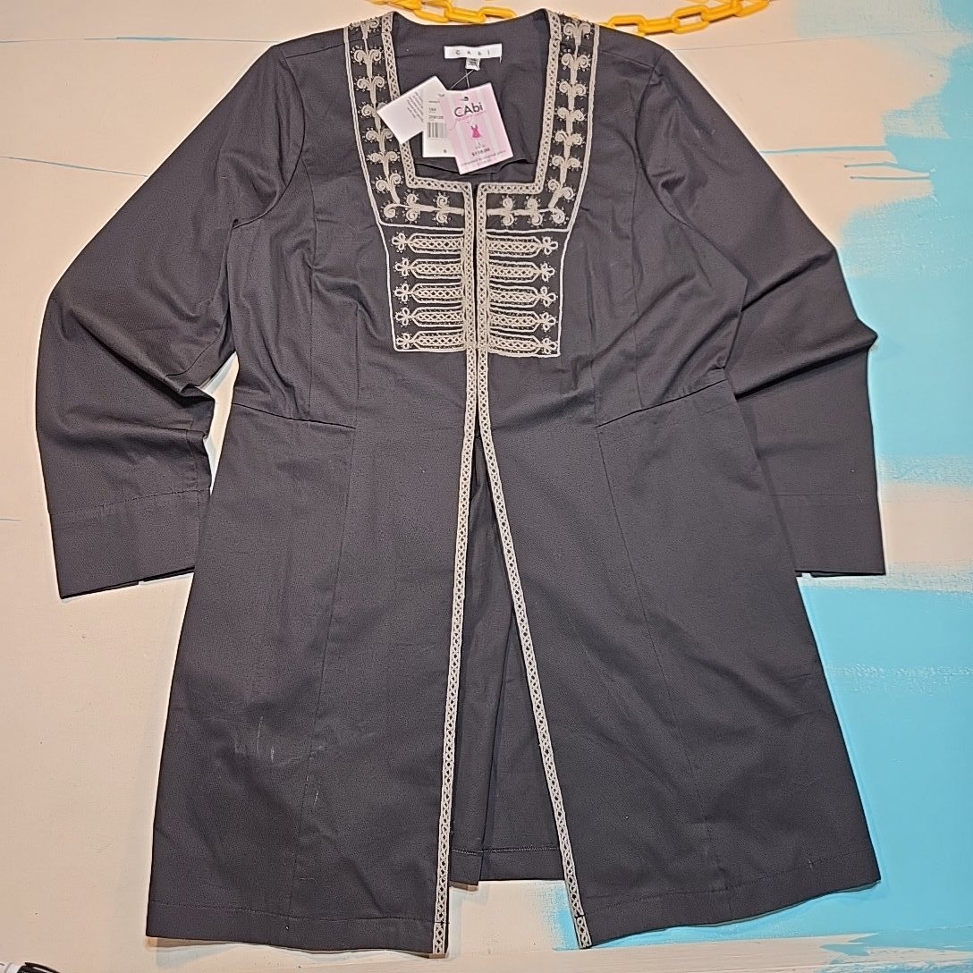 Cabi 14 Long Jacket Charcoal Gray Embroidered Trim Cotton Turkish Delight Tags